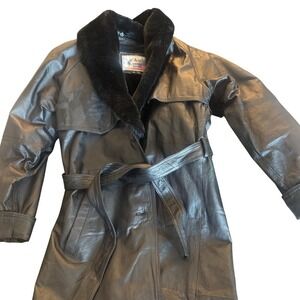 American Leather long Black Faux Fur Lined Trench Coat Belted Jacket‎ M